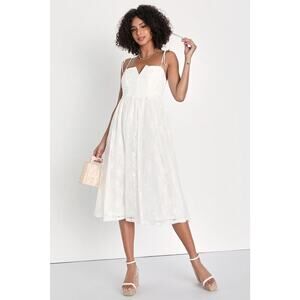 Lulus White Lace Midi Dress Women S Tie Strap Ruched Bridal Cocktail NWT